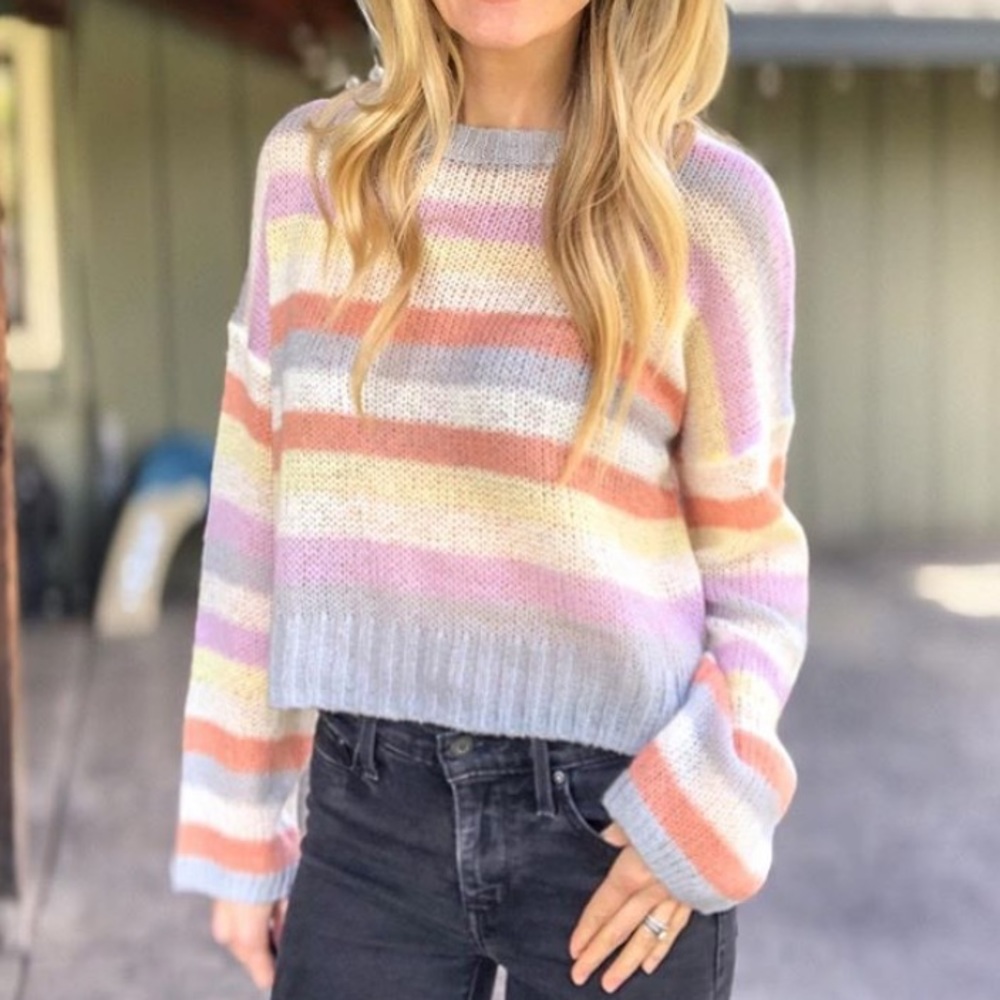 Women's Striped Cropped Crewneck Pullover Sweater